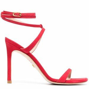 $575 STUART WEITZMAN ELLSIE 100 STILETTO SANDAL SUEDE RED SQUARE TOE 7 (TC11)
